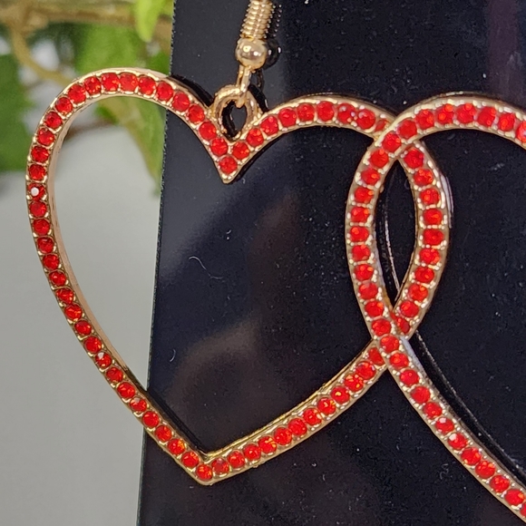 Gold with Red Crystal Stones Heart Drop Earrings  Her - Picture 5 of 8